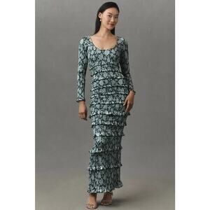 NWT V. Chapman Lanie Ruched Ruffled Satin Wedding Maxi Dress Sz 4 EMERALD #8G502